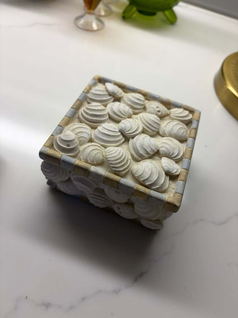 Vintage Resin Shell Relief Square Trinket Box with Faux Tile Border